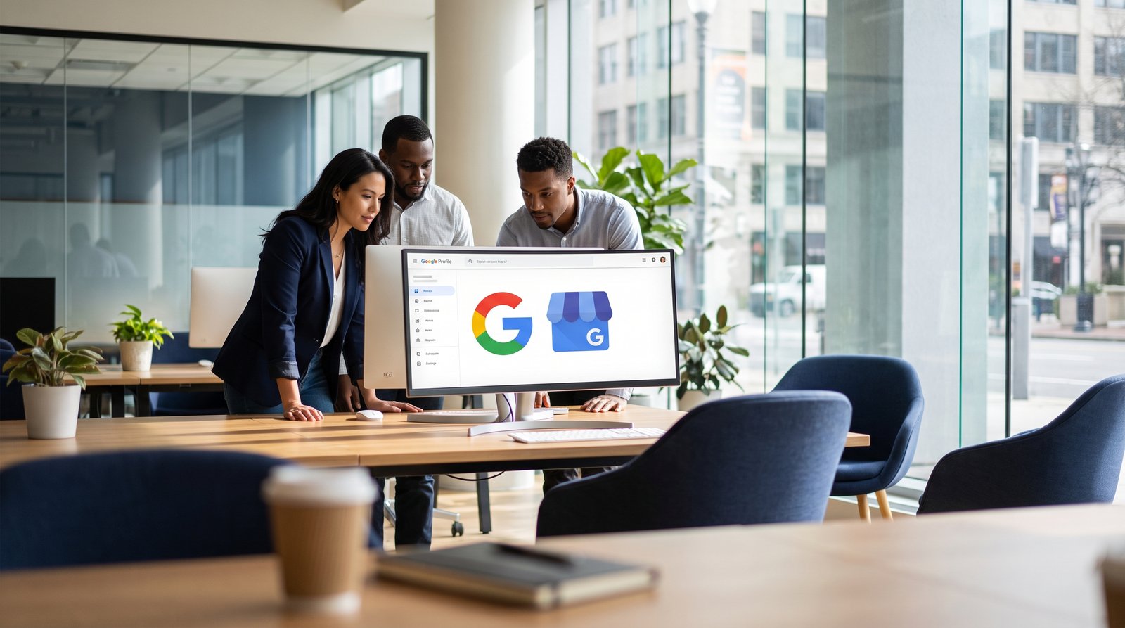 AIG team reviewing a Google Business Profile on a desktop in a modern office