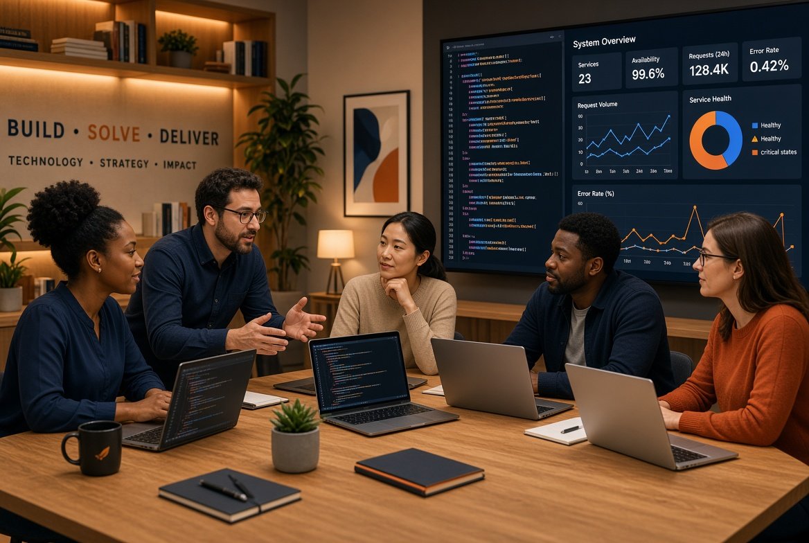 Diverse professional team collaborating around a wooden table in a warm modern office, reviewing application code and system dashboards on large screens