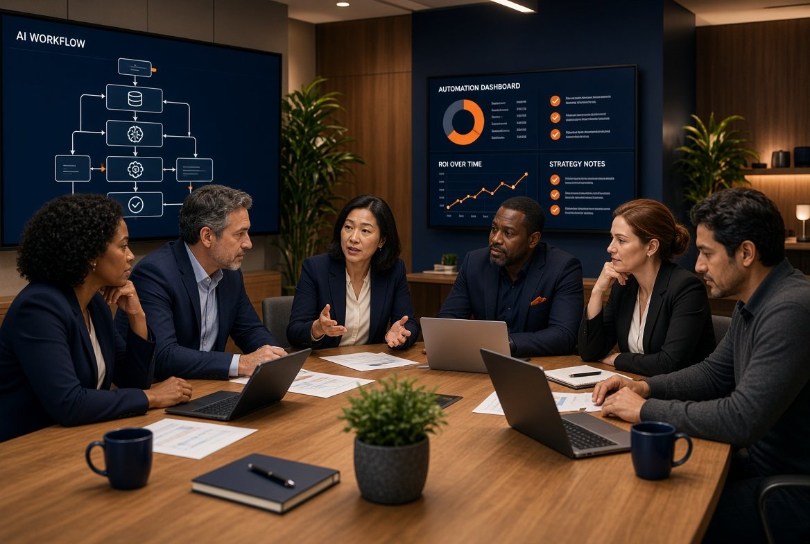 Diverse executives collaborating on AI workflow redesign and ROI dashboards — November 2026 cover