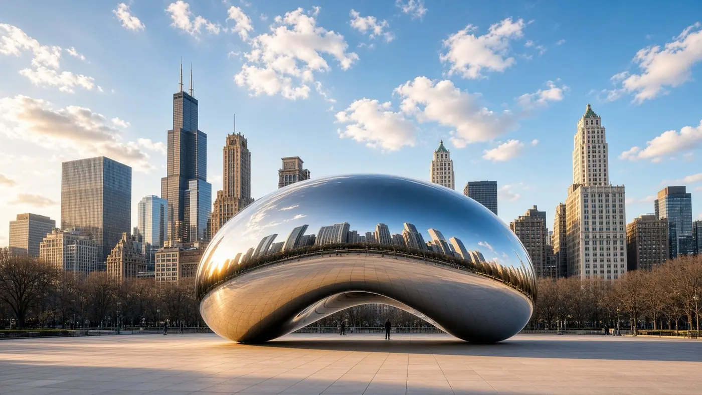Cloud Gate, the Bean, reflecting the Chicago skyline in Millennium Park