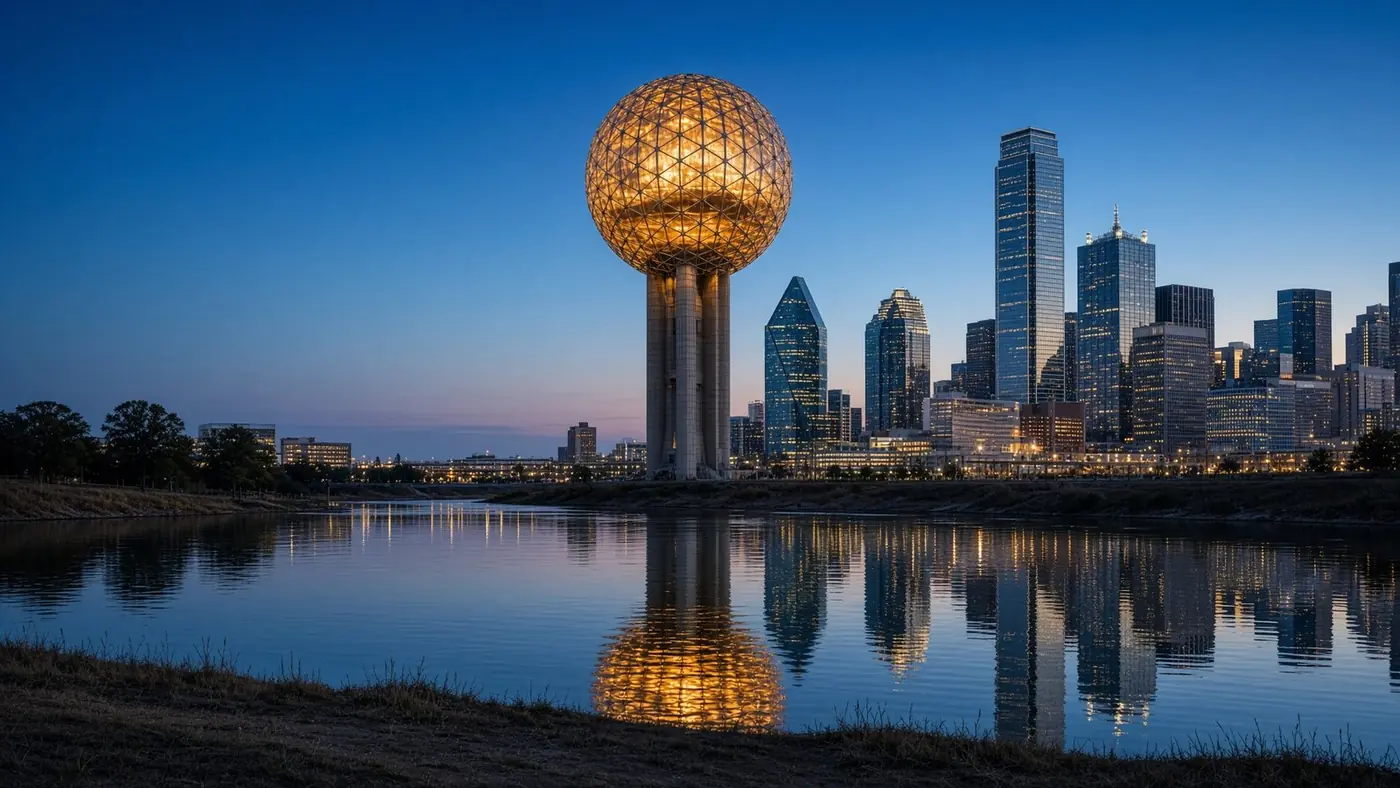 Reunion Tower lit above the Dallas skyline at dusk