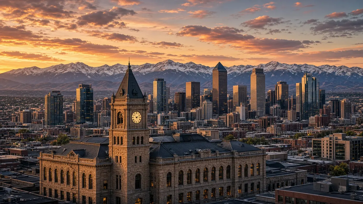 Union Station and the Denver skyline against the Rockies