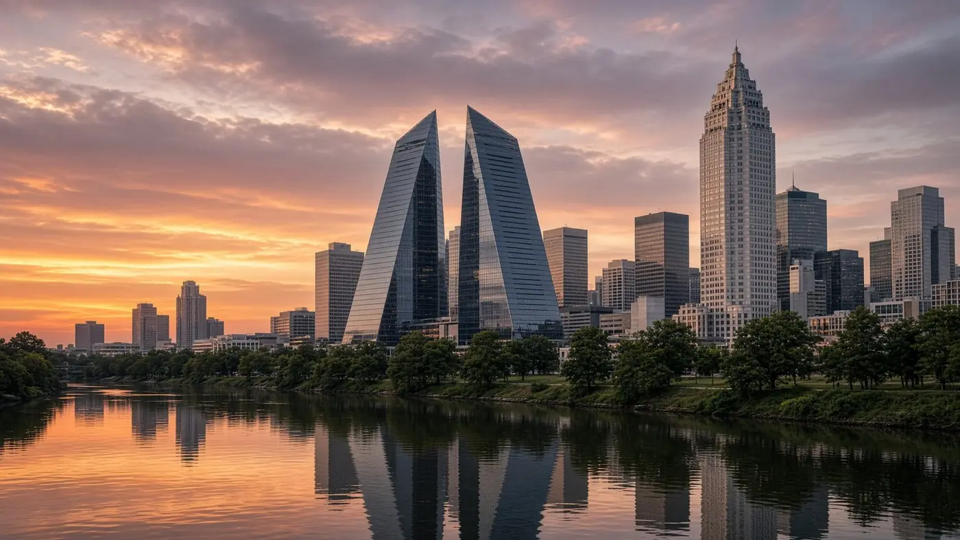 Downtown Houston skyline at sunset, with Pennzoil Place and the Chase Tower along Buffalo Bayou