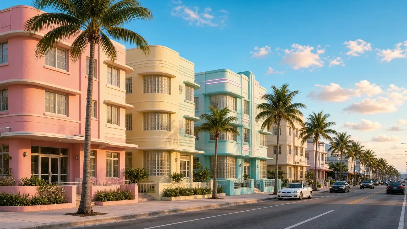 Pastel art deco hotels on Ocean Drive, Miami Beach