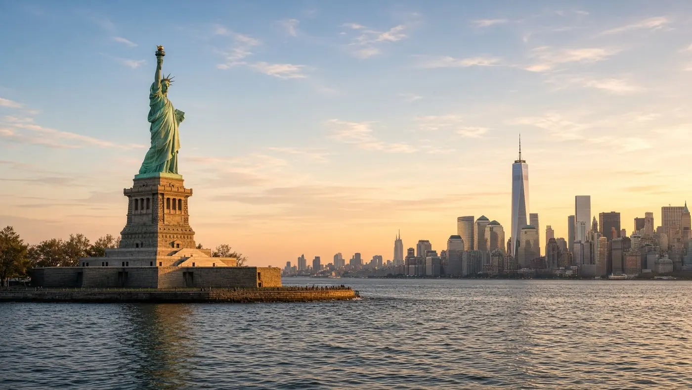 Statue of Liberty in New York Harbor with the Manhattan skyline