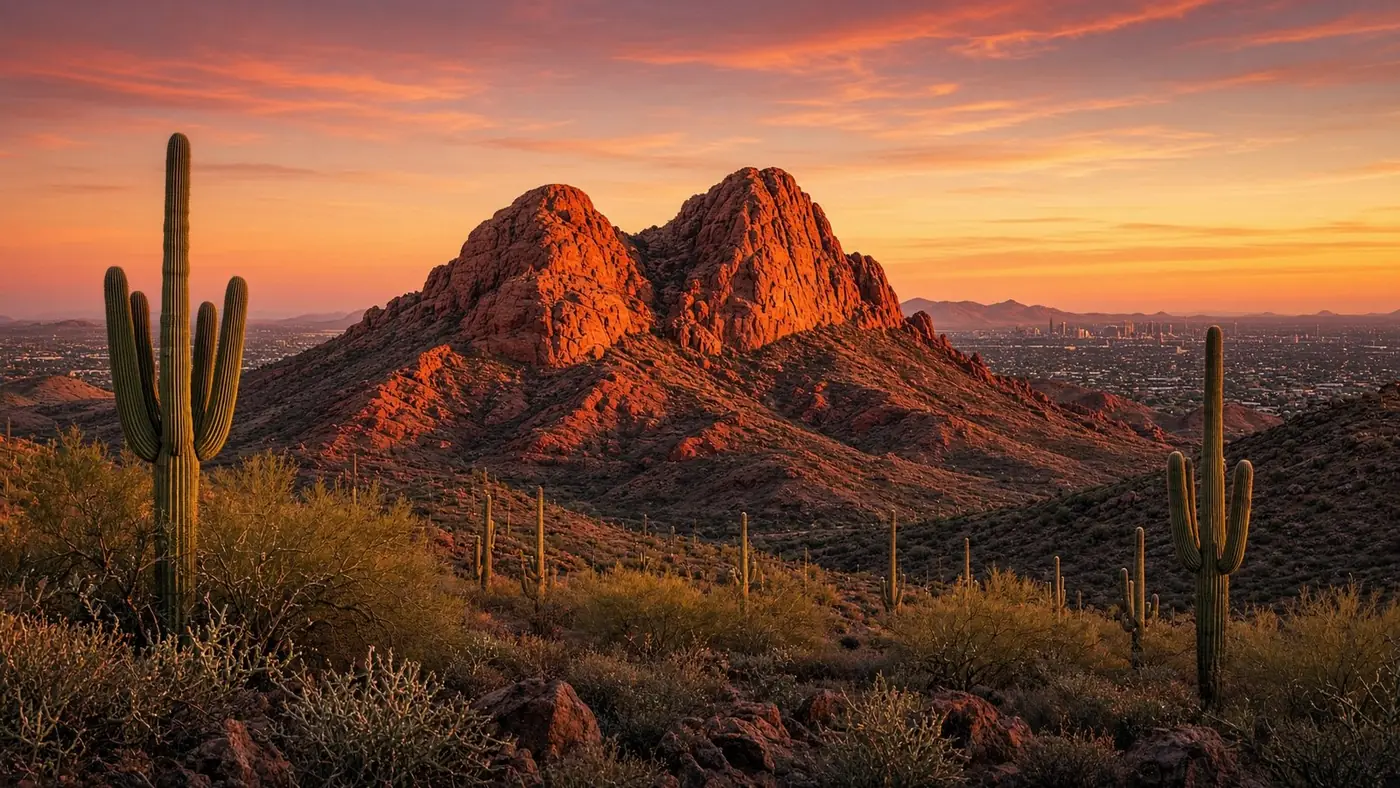 Camelback Mountain and saguaro cacti above Phoenix at sunset