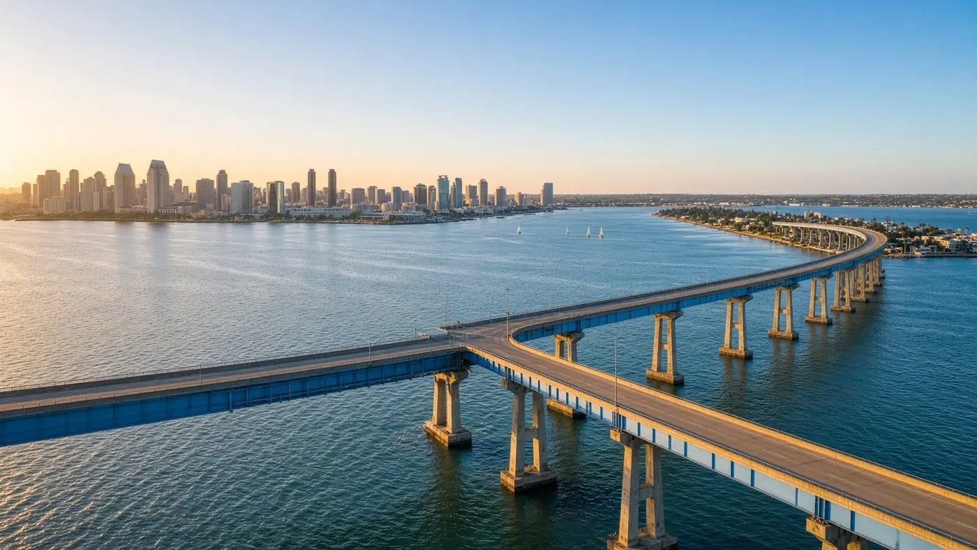 The San Diego-Coronado Bridge over the bay at sunset